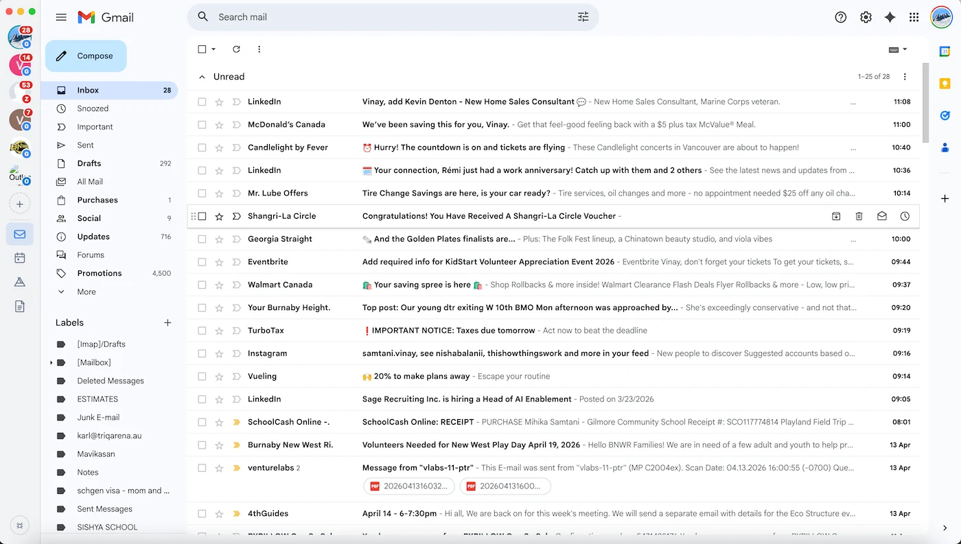 Mailwing showing six email accounts in one native window